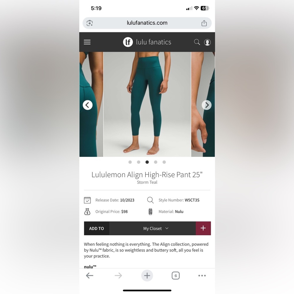 Align leggings in storm teal size 4